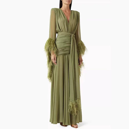 Spring Solid Color Evening Dress Long Sleeve Slim Dress  DestGlow