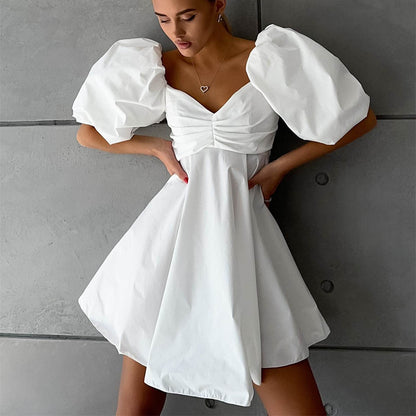 Off Neck Short Dress for Women Summer Puff Sleeve High Waist A line Dress French Princess Dress for Women by Ragazza