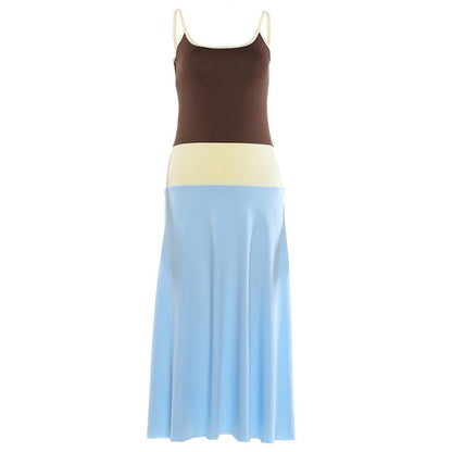 Summer Women Clothing Slim Fit Trend Sexy Color Block Strap Low Collar Dress for Women  DestGlow