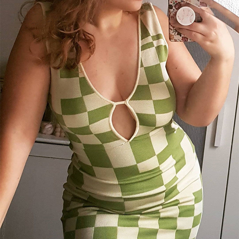 Maillard Summer Women Clothing Low Cut V neck Sexy Hollow Out Cutout out Sleeveless Vest Plaid Knitted Dress  DestGlow