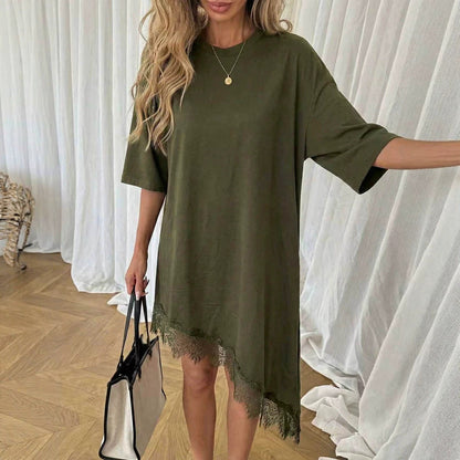 Women Clothing Summer Irregular Asymmetric Loose Solid Color Half Sleeve Dress  DestGlow