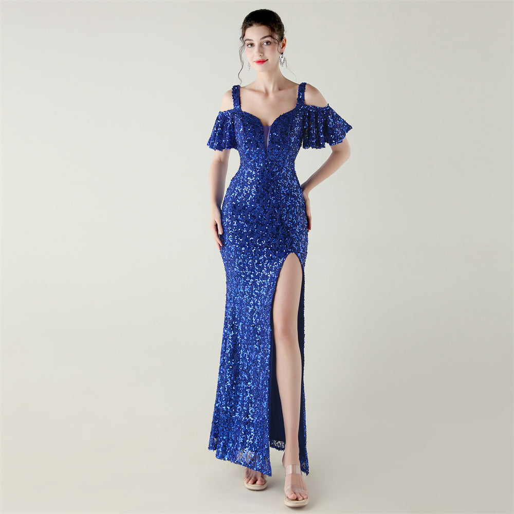 Bead Tube Sequin Heavy Industry Evening Dress Short Sleeve off the Shoulder Deep V Plunge High Slit Fishtail Dress Cocktail Socialite by Ragazza