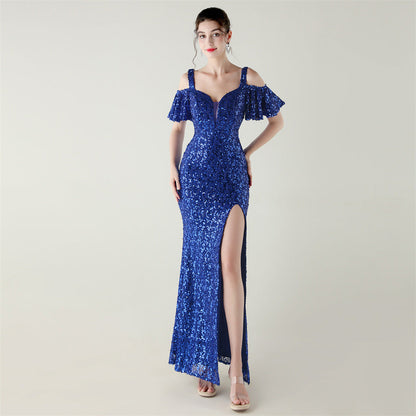 Bead Tube Sequin Heavy Industry Evening Dress Short Sleeve off the Shoulder Deep V Plunge High Slit Fishtail Dress Cocktail Socialite by Ragazza