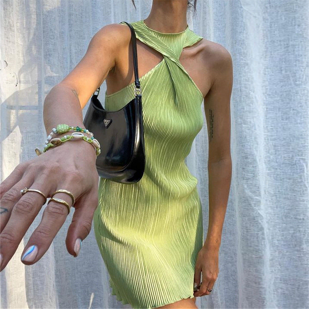 Round Neck Twisted off Shoulder Short Dress Women Summer Pleated Sexy Dress by Ragazza