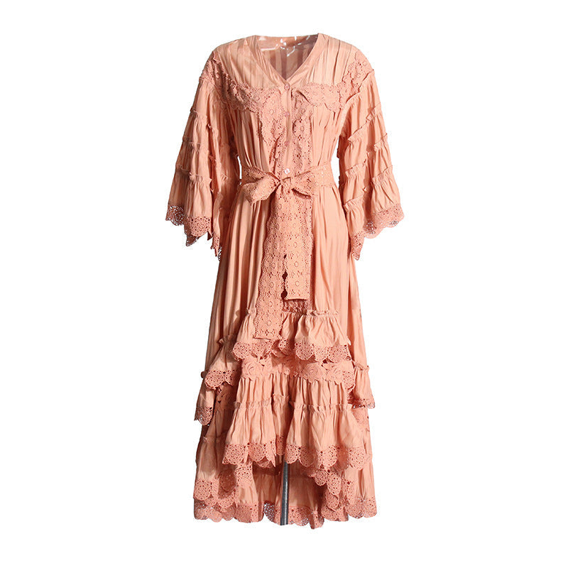 Bohemian Irregular Asymmetric Maxi Dress V neck Bell Sleeve Machine Embroidery Tied Dress Women Summer by Ragazza