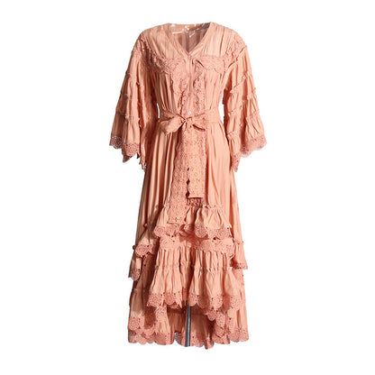 Bohemian Irregular Asymmetric Maxi Dress V neck Bell Sleeve Machine Embroidery Tied Dress Women Summer by Ragazza