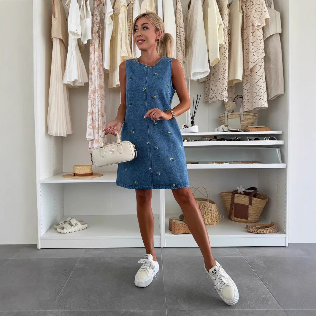 Casual Floral Loose Denim Sleeveless Vest Dress by Ragazza