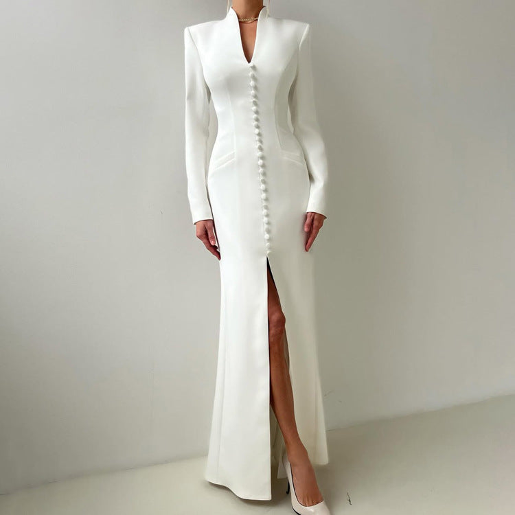 V neck Long Sleeve High Waist Split French Dress Women Party Long Dress by Ragazza