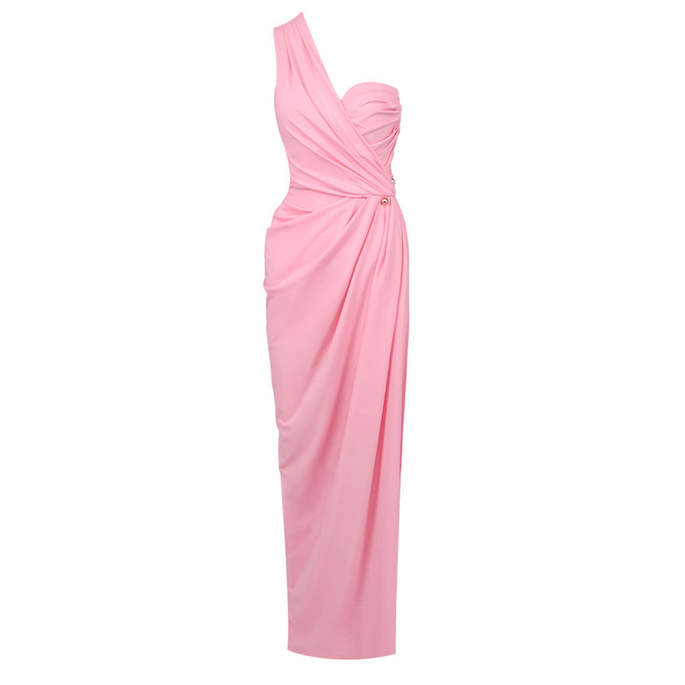Women Clothing Party Sexy One Shoulder Diagonal Collar Pleated Dinner Gown Pink Maxi Dress by Ragazza