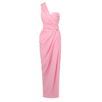 Women Clothing Party Sexy One Shoulder Diagonal Collar Pleated Dinner Gown Pink Maxi Dress by Ragazza