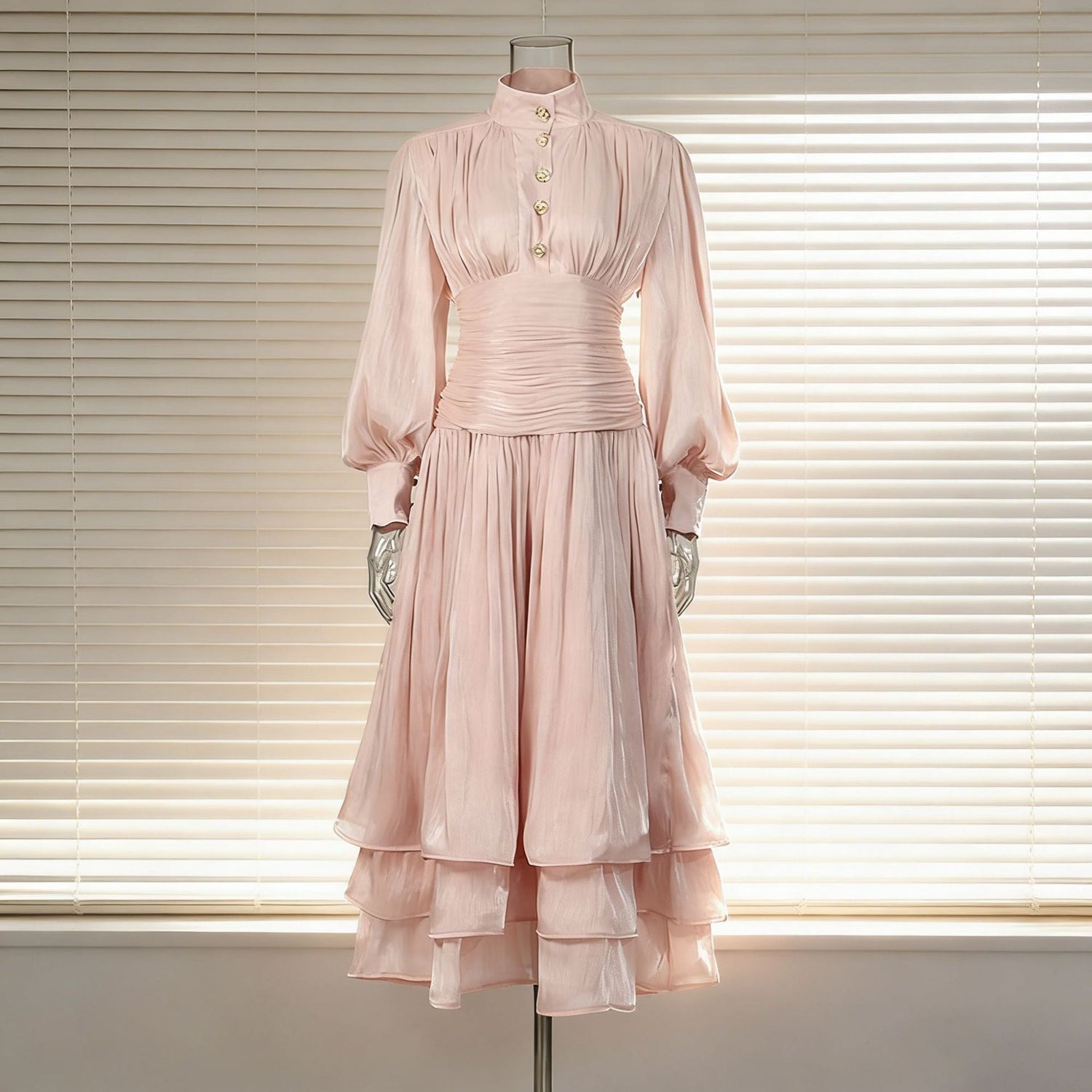Spring Elegant Retro Lantern Sleeve Breasted Ruffled Maxi Dress Waist Slimming Dress by Ragazza