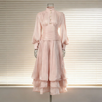 Spring Elegant Retro Lantern Sleeve Breasted Ruffled Maxi Dress Waist Slimming Dress by Ragazza