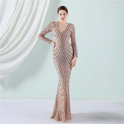 Positioning Floral Sequin Evening Dress Women Banquet Elegant Long Sleeve Sequined Queen Fishtail Dress by Ragazza