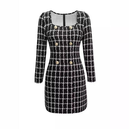 Women Dress Women Clothing Elegant Office Square Collar Plaid Printed Fastener Decoration Long Sleeve Dress by Ragazza