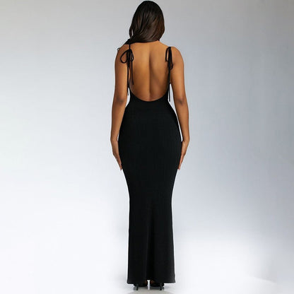 Women Clothing Sunken Stripe Slim Fit Suspender Dress Sexy Big Backless Tied Dress by Ragazza