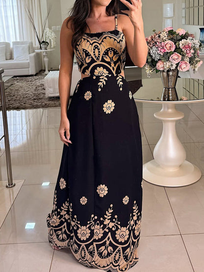 Women Elegant Graceful Spaghetti Strap Vintage Pattern Printing Dress by Ragazza