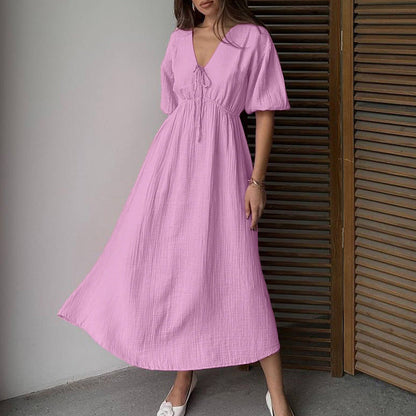 Women Clothing Cotton Double Layer Champray High Waist Dress V neck Puff Sleeve Lace up A line Long Dress by Ragazza