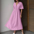 Women Clothing Cotton Double Layer Champray High Waist Dress V neck Puff Sleeve Lace up A line Long Dress by Ragazza
