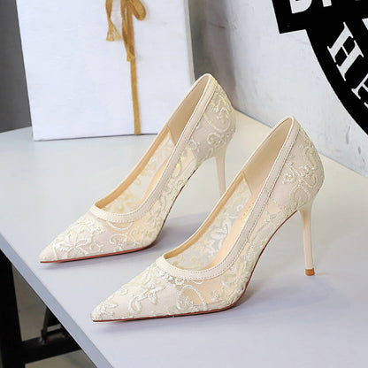 Hollow Out Cutout Super High Heel Women Shoes Pointed Toe Shallow Mouth Cocktail High Heels Floral Stiletto Heel Lace Shoes Women  DestGlow