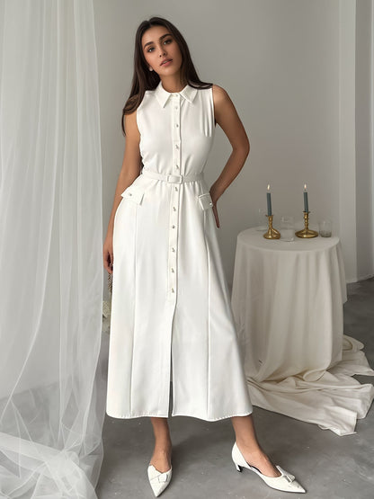 Summer Autumn Arrival Solid Color Sleeveless Belt Pearl Buckle Slim Fit Slit Office Dress by Ragazza