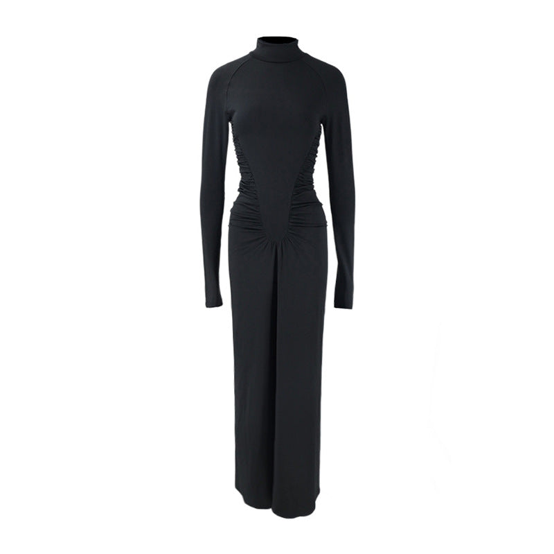 Women Clothing Turtleneck Long Sleeve Slim Fit Design Pleated Long Light Luxury Dress  DestGlow