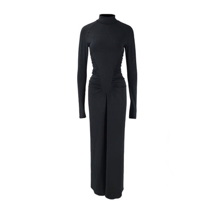 Women Clothing Turtleneck Long Sleeve Slim Fit Design Pleated Long Light Luxury Dress  DestGlow