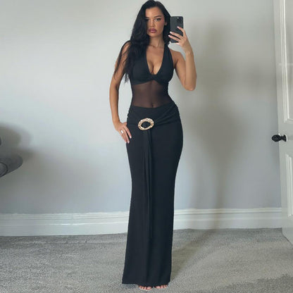Fall Women Clothing Sexy Mesh Stitching Semi See through Slim Fit Halter Tied Dress Women by Ragazza