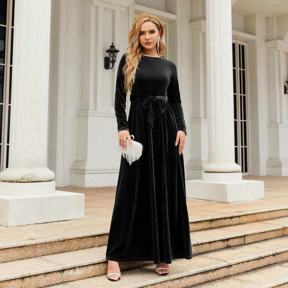 Autumn Winter Elegant Graceful Socialite Maxi Dress Gold Velvet Solid Color High Grade Dress by Ragazza