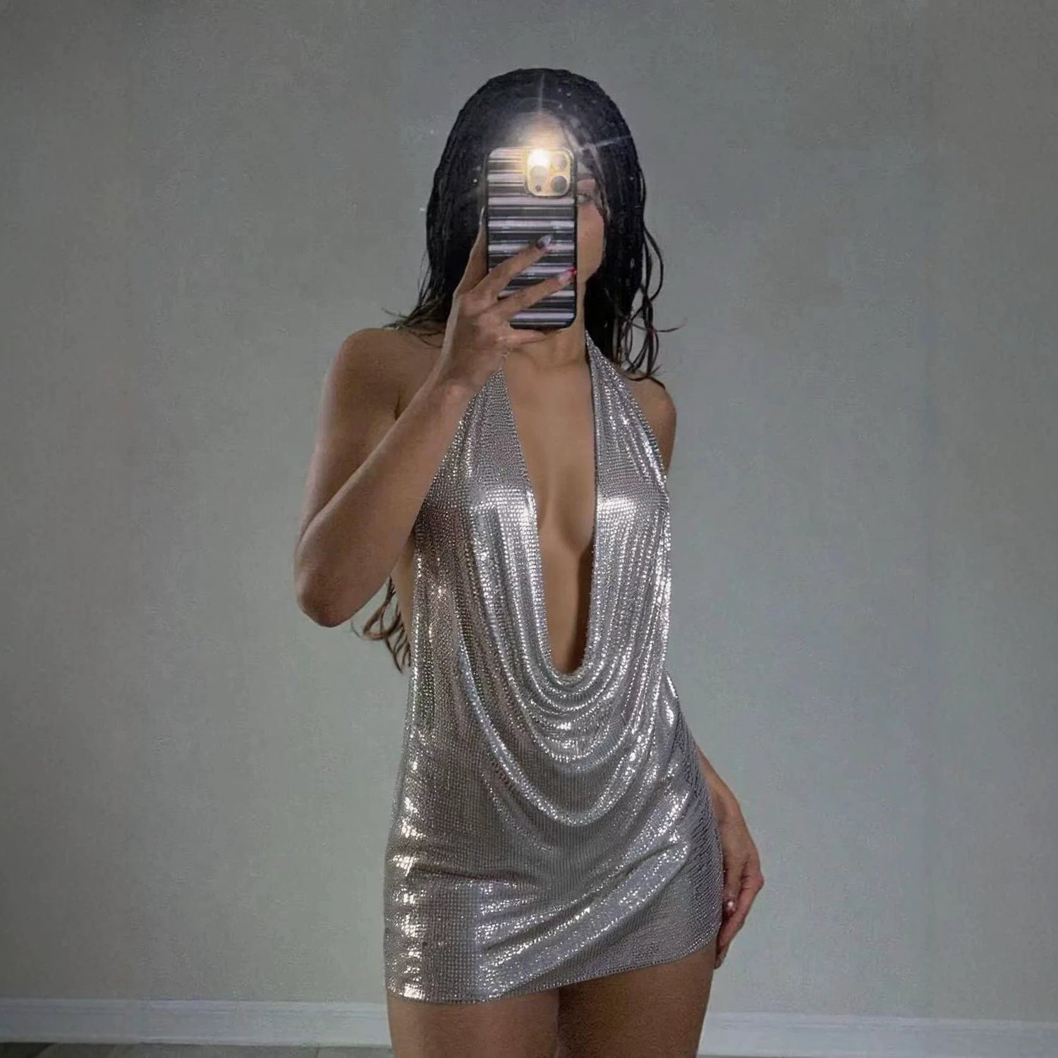 Electronic Music Festival Sexy Glossy Swing Collar Halter Backless Strap Aluminum Sheet Dress  DestGlow