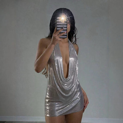 Electronic Music Festival Sexy Glossy Swing Collar Halter Backless Strap Aluminum Sheet Dress  DestGlow