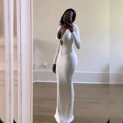 Sexy Deep V Plunge One Step Dress Solid Color Slim Fit Sexy Long Sheath Dress Women by Ragazza