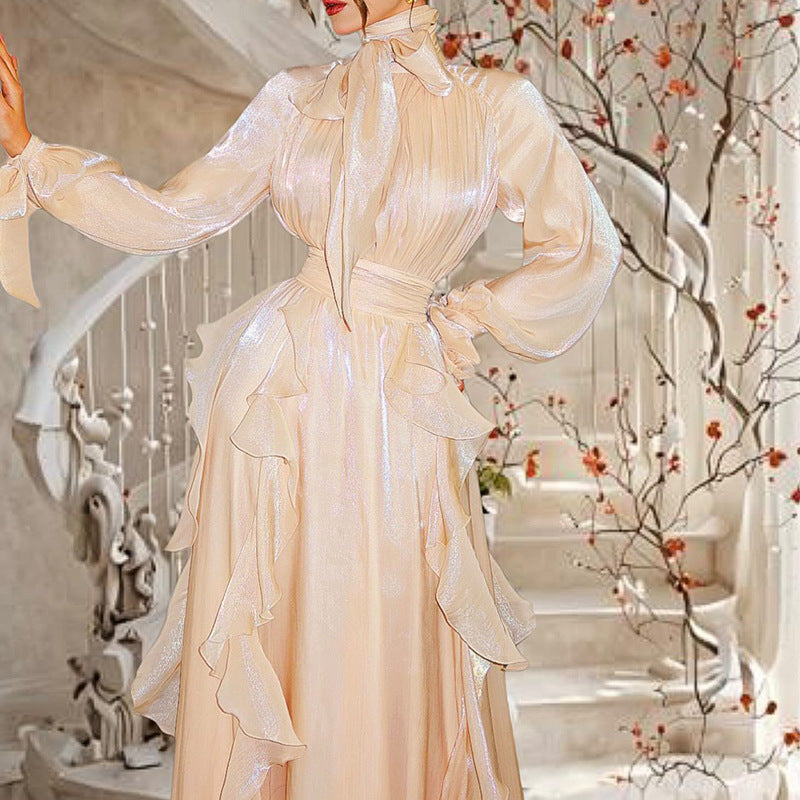 French Elegant Socialite Fairy Dress Summer Stand up Collar Puff Sleeve Pleated Waist Tight Dress Women by Ragazza