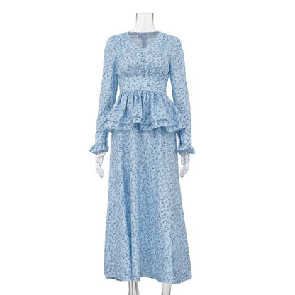 Women Clothing Waist Controlled Ruffled V neck Long Sleeve A line Dress Printed Maxi Dress Floral Dress  DestGlow