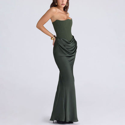 Dress Elegant Sexy Waist Trimming Tube Top Boning Corset Pleated Satin Sheath Dress  DestGlow