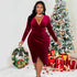 Velvet Dress Deep V Plunge neck Long Sleeve Pleated Waist Tight Split Slimming Christmas Sheath Dress by Ragazza