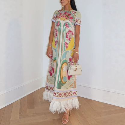 Spring Summer Satin Positioning Printed Feather Dress Short Sleeve Loose Dress for Women by Ragazza