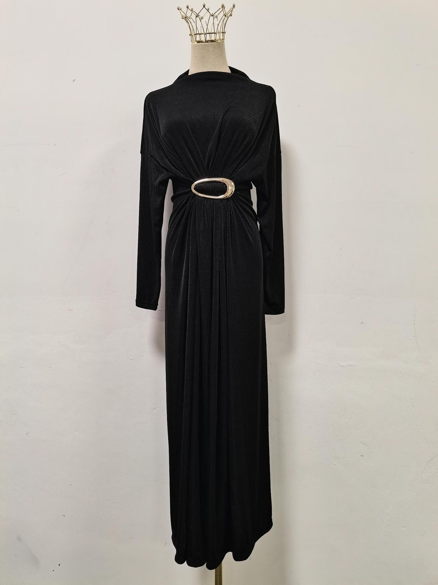 Fall Retro Metal Decorative Waist Slimming Half Turtleneck High Waist Maxi Dress for Women by Ragazza