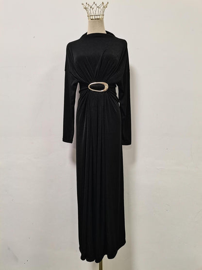 Fall Retro Metal Decorative Waist Slimming Half Turtleneck High Waist Maxi Dress for Women by Ragazza