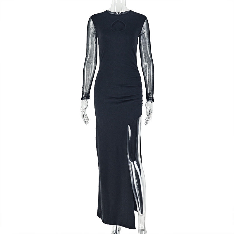 Slim Fit Women Split Solid Color Micro Transparent Hip Dress round Collar Design Long Sleeve Dress by Ragazza
