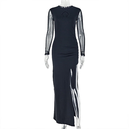 Slim Fit Women Split Solid Color Micro Transparent Hip Dress round Collar Design Long Sleeve Dress by Ragazza