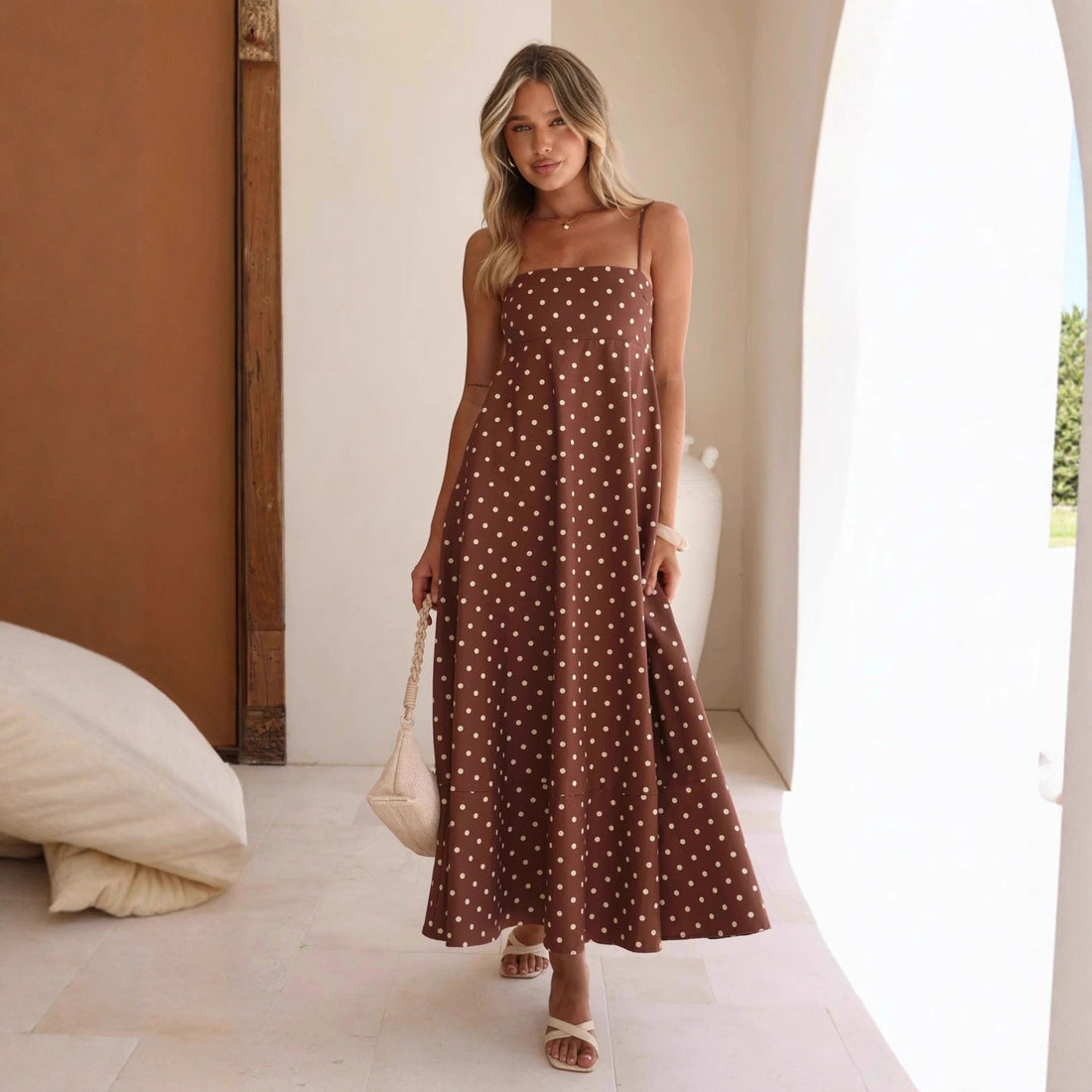 Arrival Dress Polka Dot Print High Waist Big Swing Vacation Maxi Dress by Ragazza