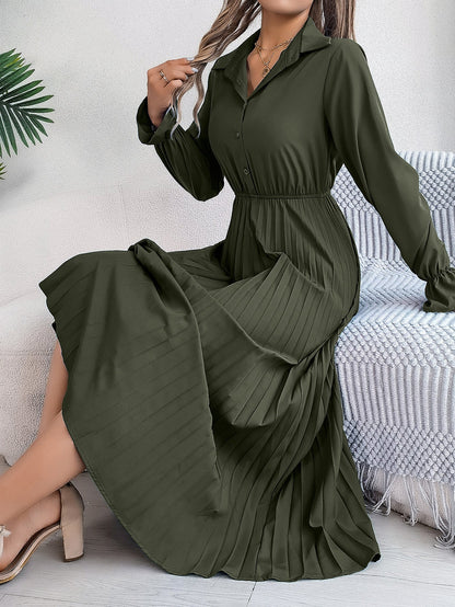 Autumn Winter Casual Collared Button Long Sleeve Cinched Pleated Maxi Dress Women Clothing by Ragazza
