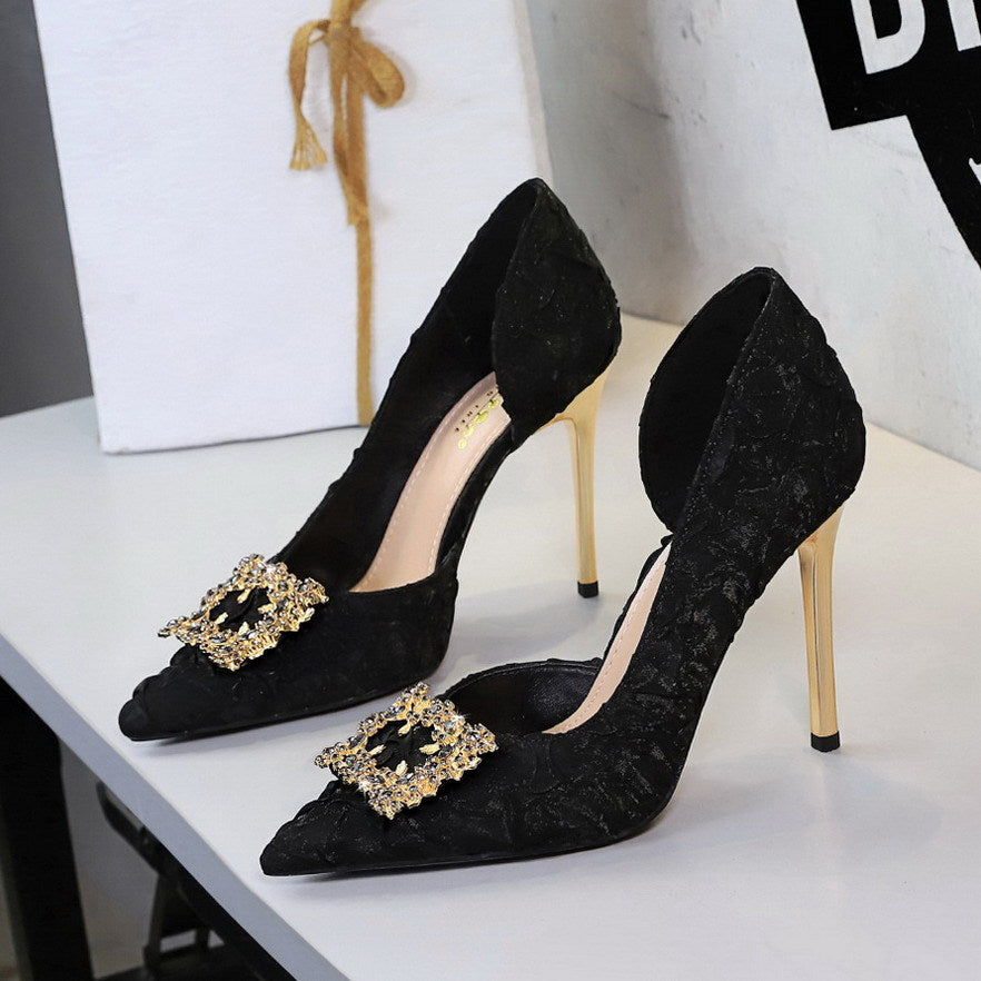 French Rhinestone Square Buckle Side Hollow Out Cutout Slip on Super High Heel Satin Gentle Elegant Stiletto Wedding Shoes  DestGlow