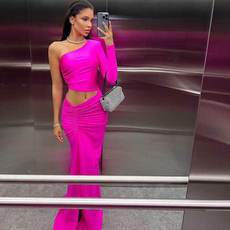 Women Sexy Oblique Shoulder Single Sleeve Pleated Cropped Outfit Split Mid Length Women Dress by Ragazza