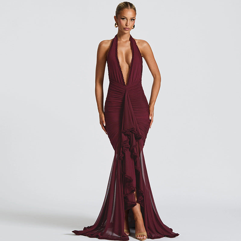 Summer Mesh Stitching Elegant Dress Maxi Dress V neck Halter Backless Sexy Dress Women by Ragazza