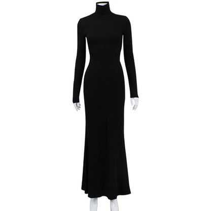 Women Clothing Autumn Winter Sexy Turtleneck Long Sleeve Tight High Waist Dress Solid Color Dress