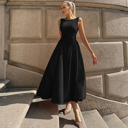Women Clothing Autumn Solid Color round Neck Sleeveless Pleated Large Swing Dress Fashionable Elegant Dress by Ragazza