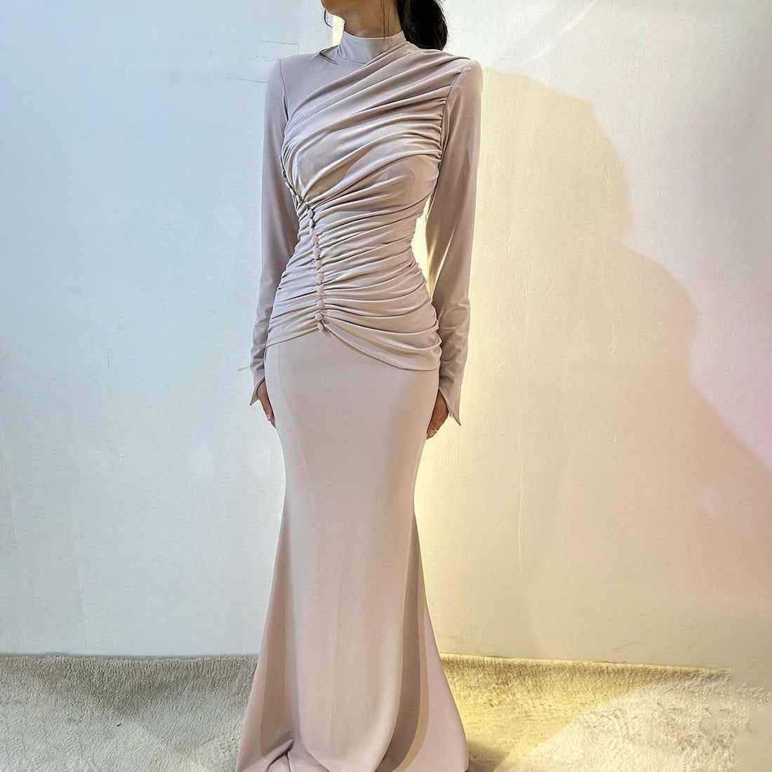 Autumn Winter Women Clothing High Waist Ruched Elegant Graceful Long Sleeved Dress Mop Dress by Ragazza