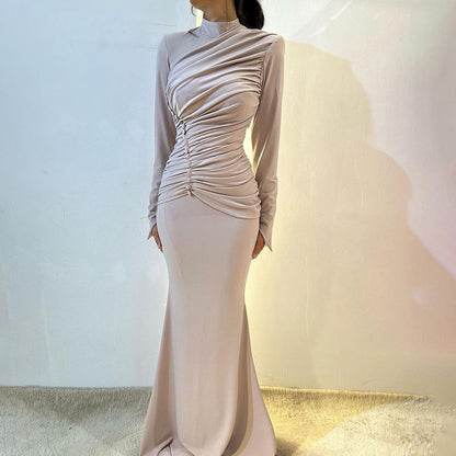 Autumn Winter Women Clothing High Waist Ruched Elegant Graceful Long Sleeved Dress Mop Dress by Ragazza