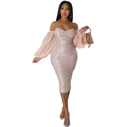 Women Clothing Sexy French Long Sleeve Dress Slim Fit Sequin Hip Tight Sexy by Ragazza